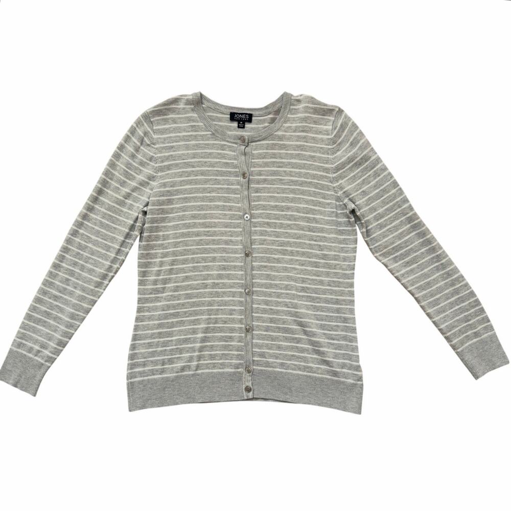 Jones New York Gray & White Striped Button Cardigan Sweater Size M